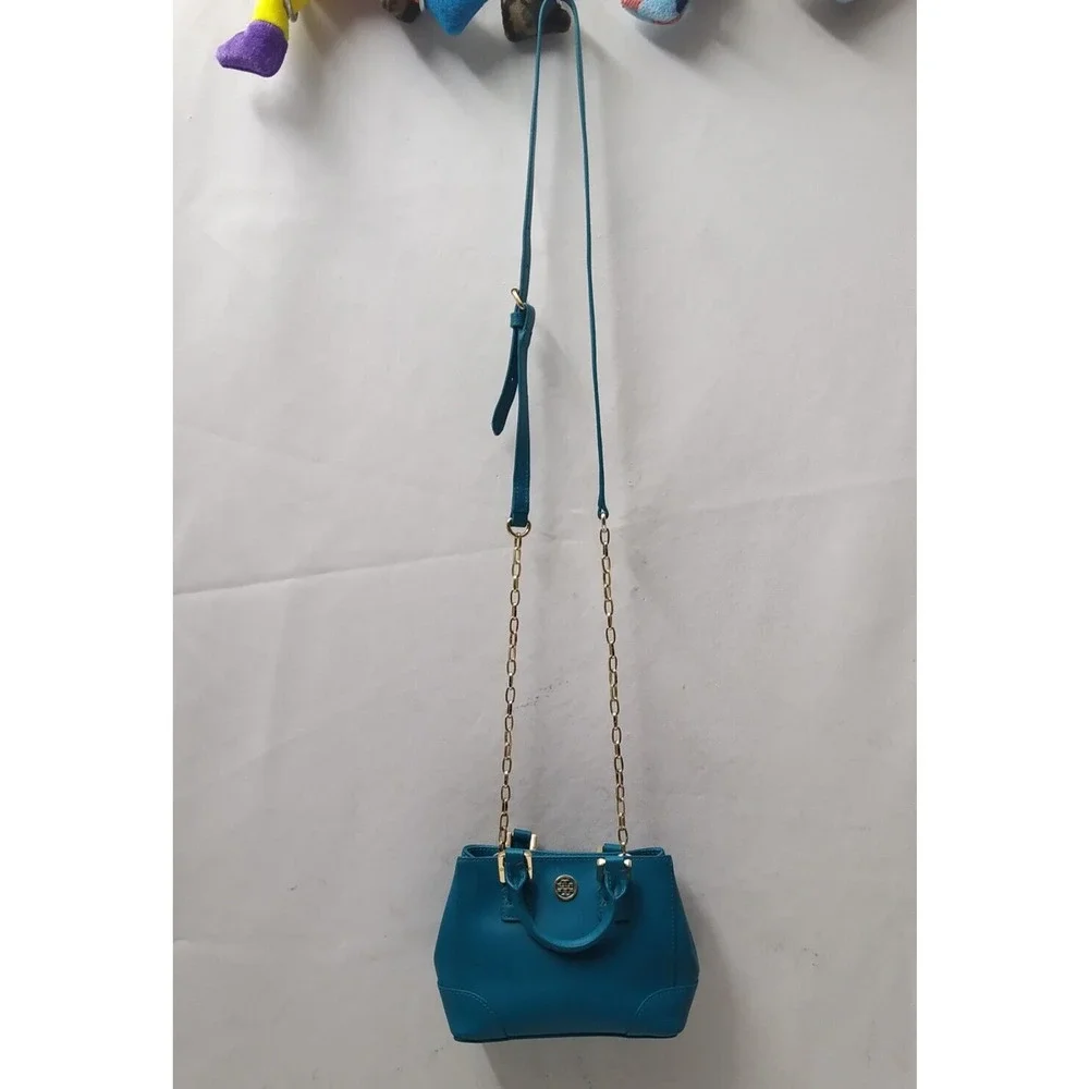 Tory Burch Robinson Blue Leather Doubled Handles Mini Tote Crossbody Bag